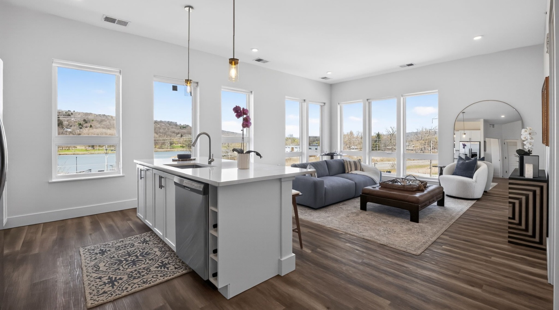 a kitchen with an island and a couch