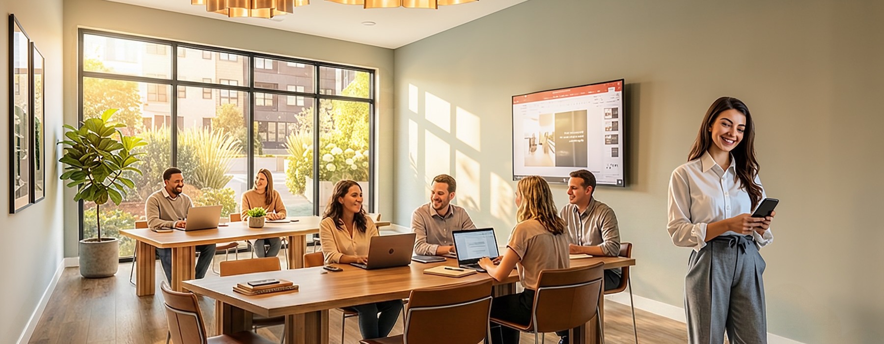 a room with seating tables and a tv where people are working