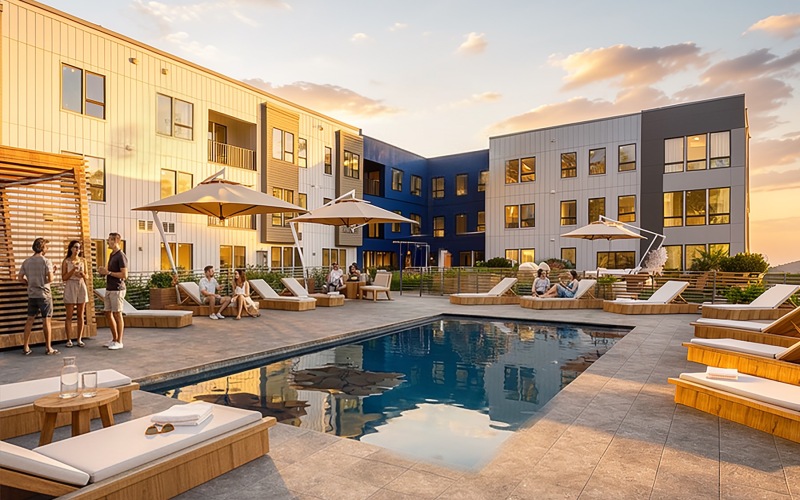 a rooftop pool with people outside of it chatting with a building behind it