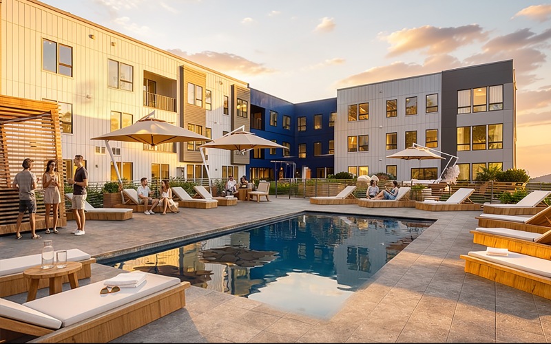a rooftop pool with people outside of it chatting with a building behind it